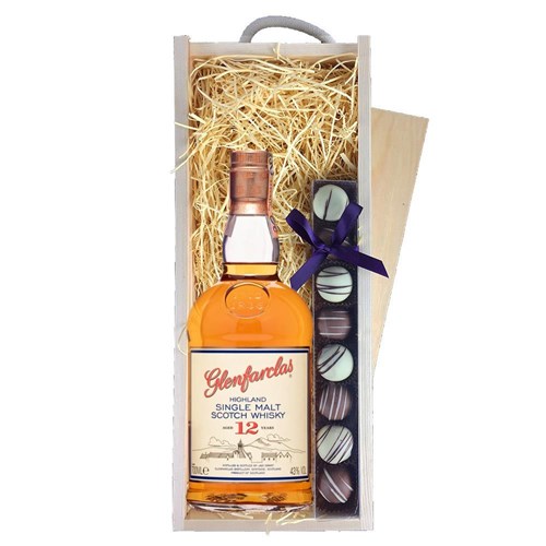 Glenfarclas 12 Year Old Whisky 70cl & Heart Truffles, Wooden Box